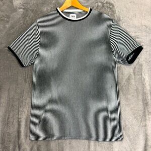 Zara Green and White Striped Slim Fit Shirt Mens XL Casual Stretch Preppy